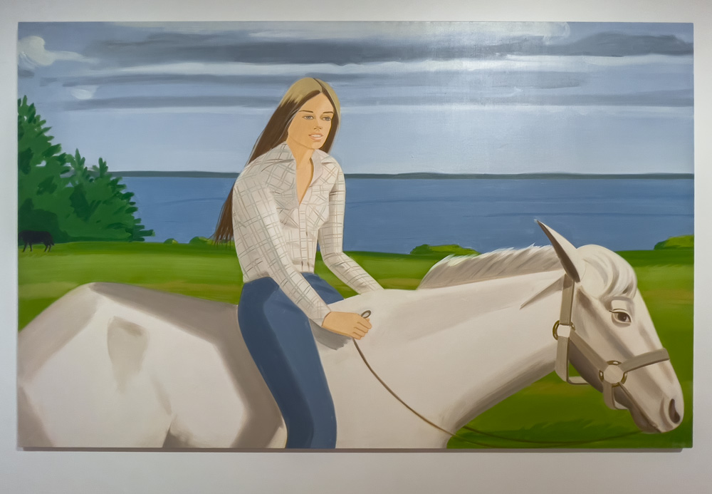 Alex Katz (American, b. 1927) Jean on Horse, 1976 Oil on linen 75 x 120 inches (190.5 x 304.8 cm). Katz's figurative paintings depict motifs of a well-heeled leisure society, almost exclusively presenting friends, literary figures, and those of his art world circles, within the landscape of Maine. Jean, and her horse, was a neighbor of the Katz family living in Maine
